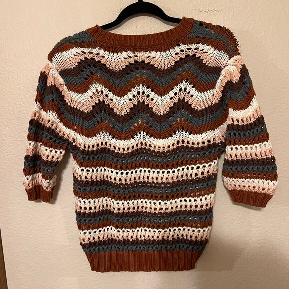 Evereve Arabella Crochet Multicolor Knit 3/4 Sleeve Stripe Sweater Top Sz Small - Picture 7 of 7